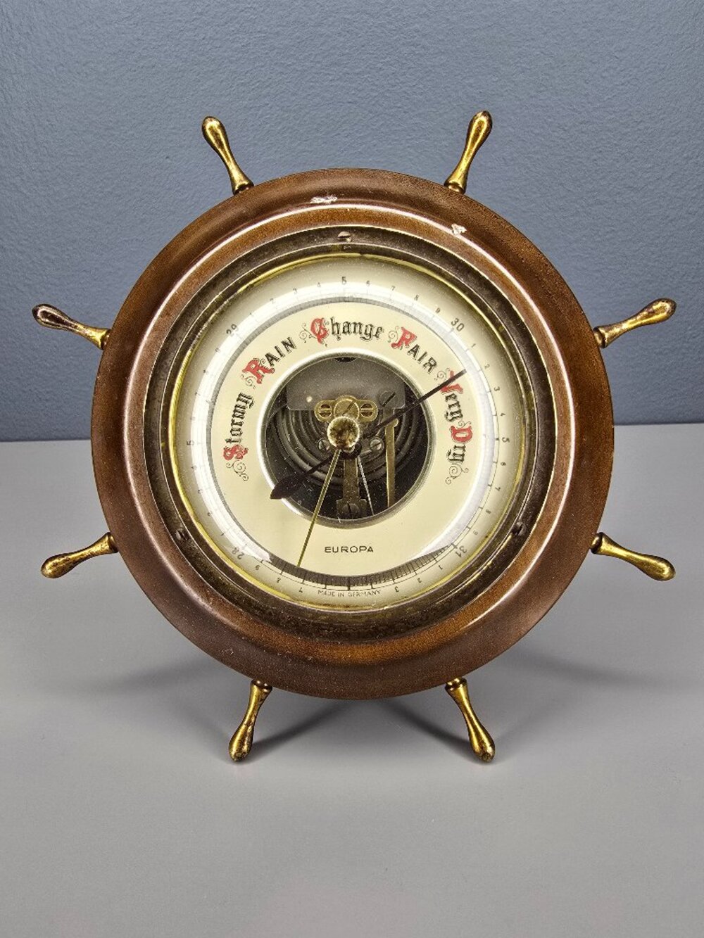 Vintage Europa Aneroid Barometer Germany Nautical Ships Wheel Wood Brass MCM